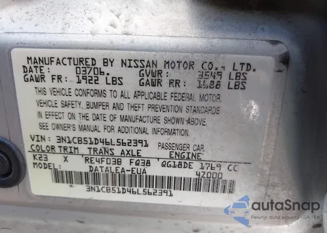 2006 Nissan Sentra 1.8S z USA, uszkodzony, nr VIN 3N1CB51D46L562391